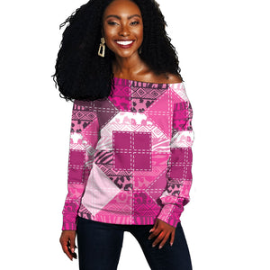 African American Quilt Inspired Off Shoulder Sweater Wild Animal Skin African Pink Tribal Elements