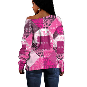 African American Quilt Inspired Off Shoulder Sweater Wild Animal Skin African Pink Tribal Elements