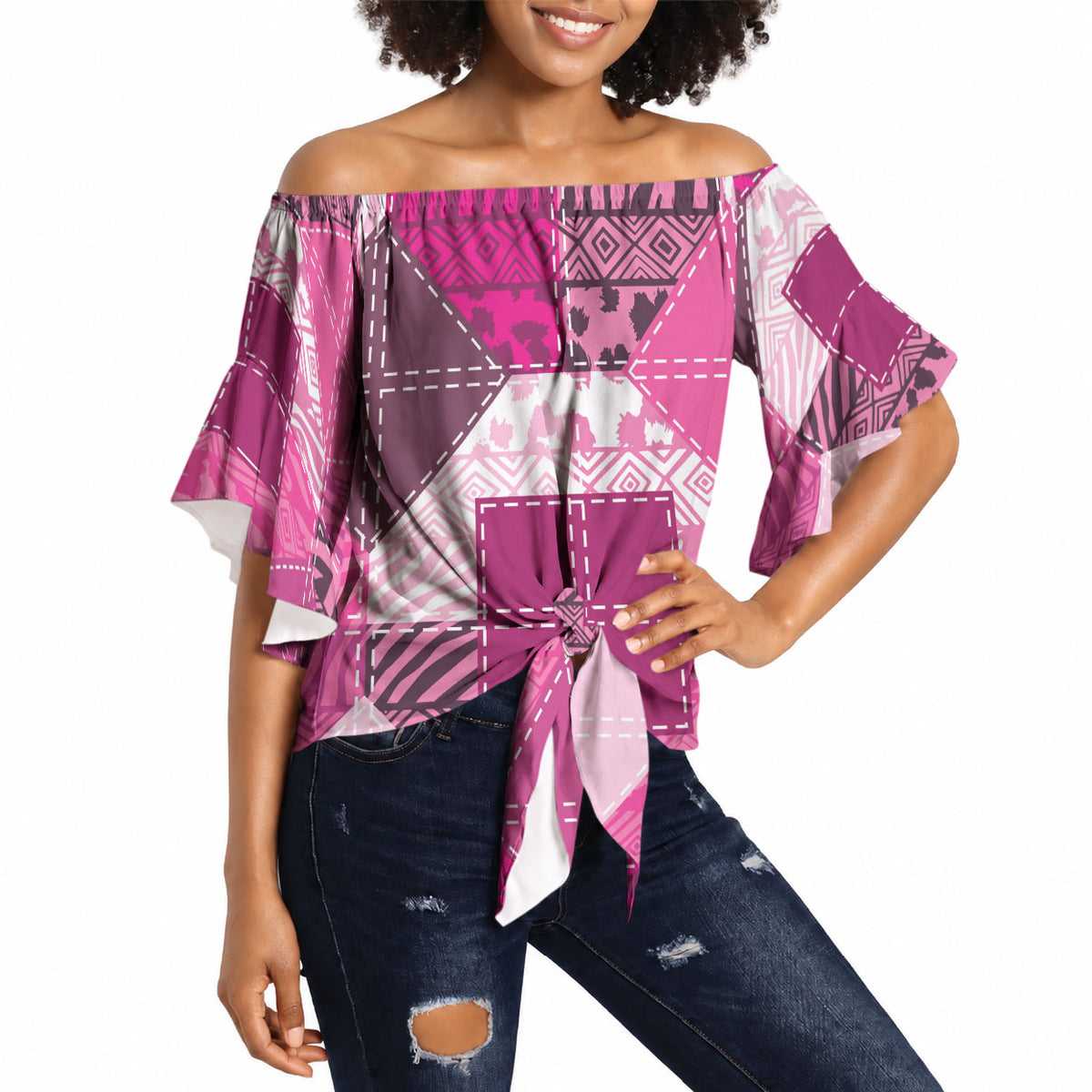African American Quilt Inspired Off Shoulder Wrap Waist Top Wild Animal Skin African Pink Tribal Elements
