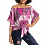 African American Quilt Inspired Off Shoulder Wrap Waist Top Wild Animal Skin African Pink Tribal Elements