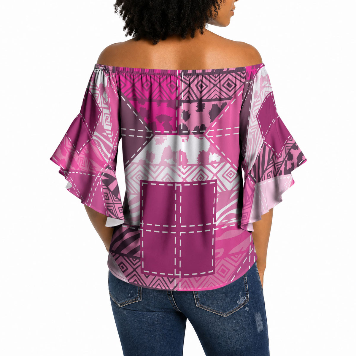 African American Quilt Inspired Off Shoulder Wrap Waist Top Wild Animal Skin African Pink Tribal Elements