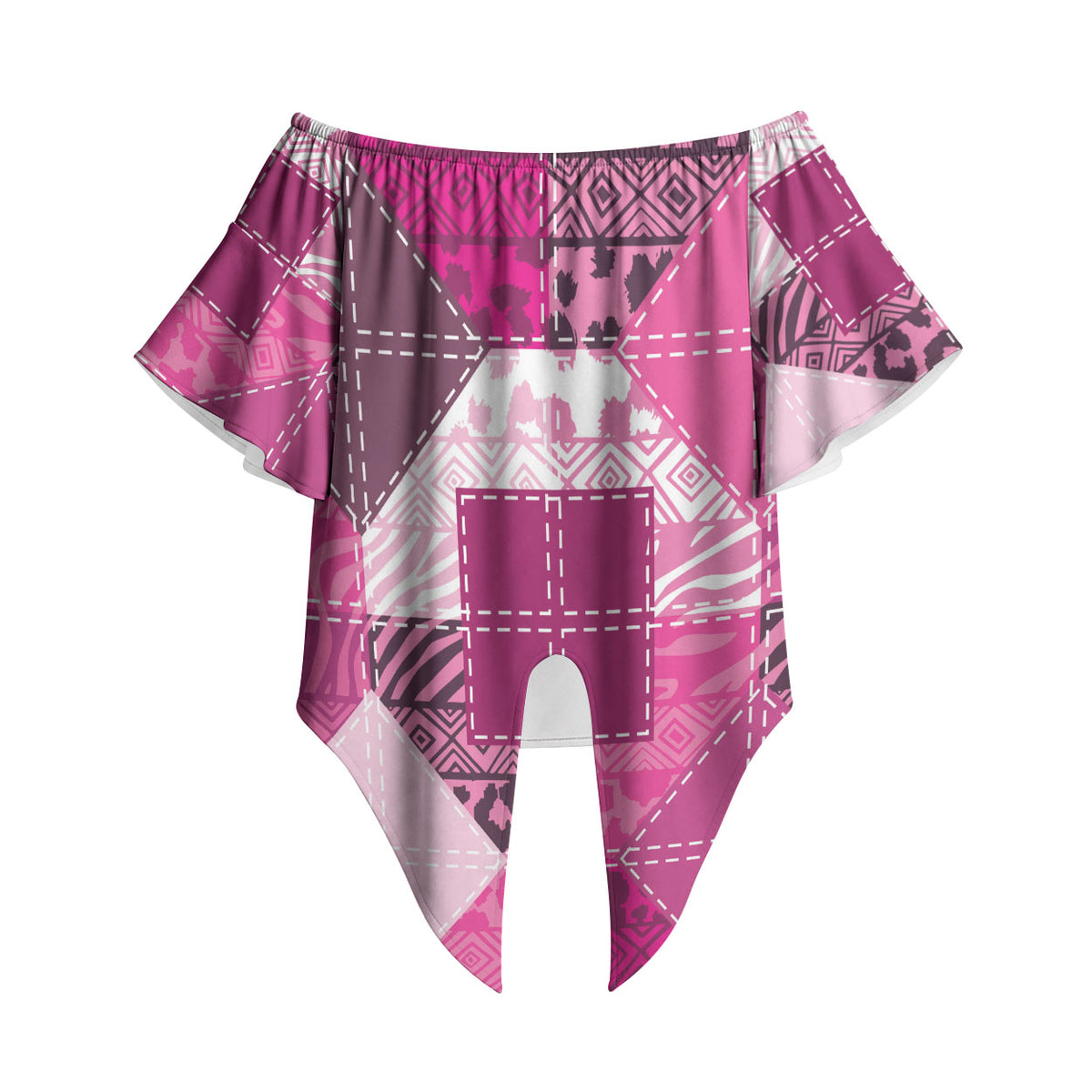 African American Quilt Inspired Off Shoulder Wrap Waist Top Wild Animal Skin African Pink Tribal Elements