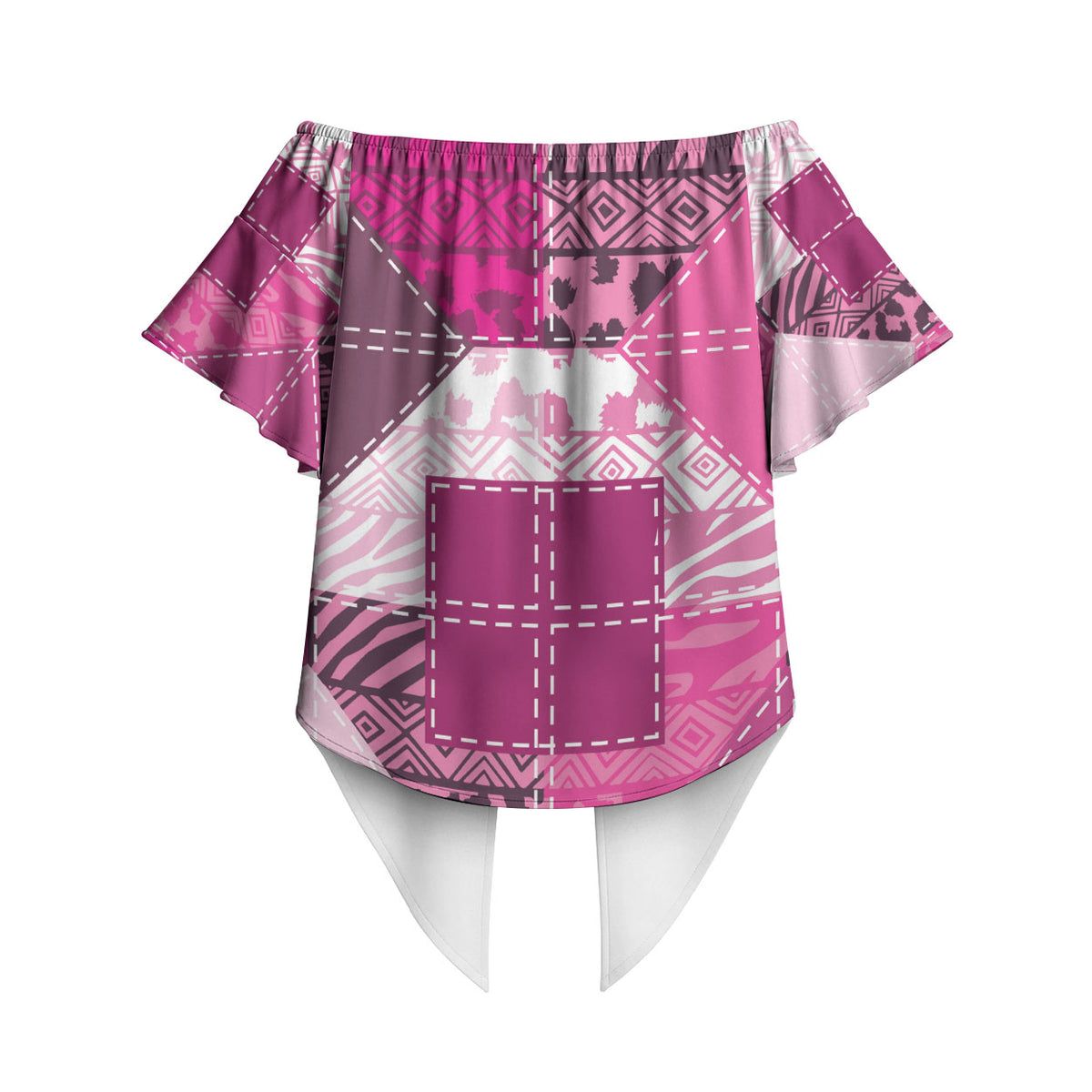 African American Quilt Inspired Off Shoulder Wrap Waist Top Wild Animal Skin African Pink Tribal Elements