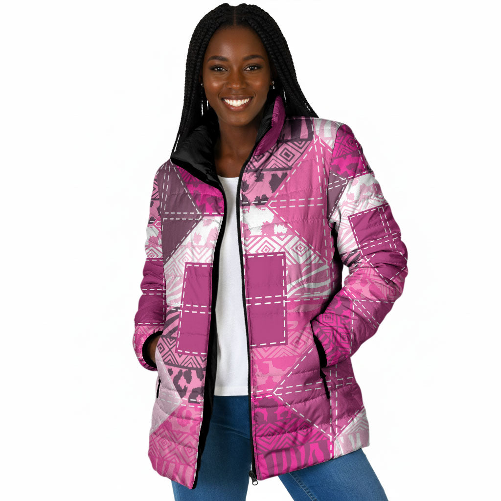 African American Quilt Inspired Padded Jacket Wild Animal Skin African Pink Tribal Elements