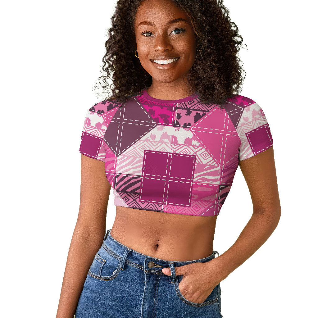 African American Quilt Inspired Raglan Cropped T shirt Wild Animal Skin African Pink Tribal Elements