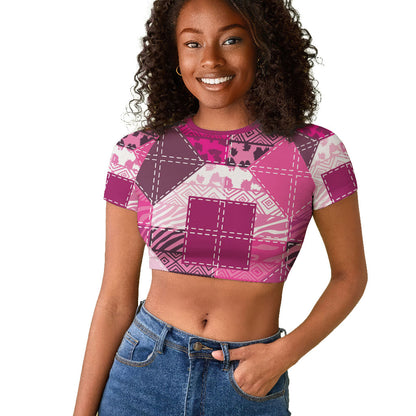 African American Quilt Inspired Raglan Cropped T shirt Wild Animal Skin African Pink Tribal Elements