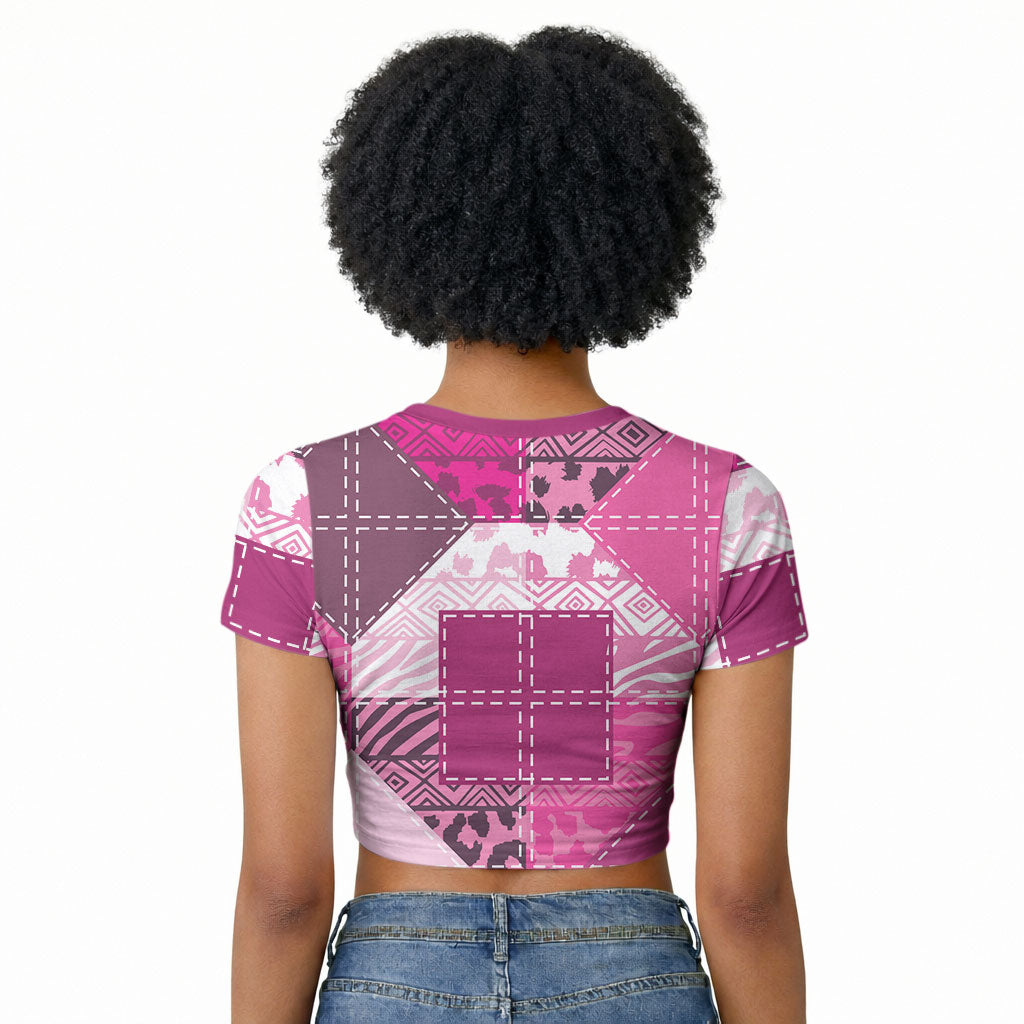 African American Quilt Inspired Raglan Cropped T shirt Wild Animal Skin African Pink Tribal Elements