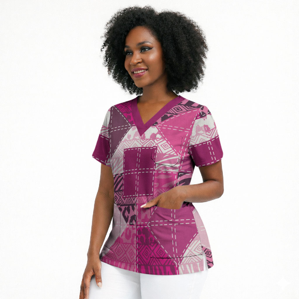 African American Quilt Inspired Scrub Top Wild Animal Skin African Pink Tribal Elements