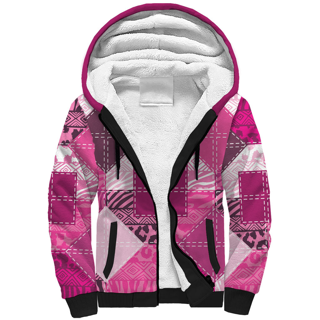 African American Quilt Inspired Sherpa Hoodie Wild Animal Skin African Pink Tribal Elements