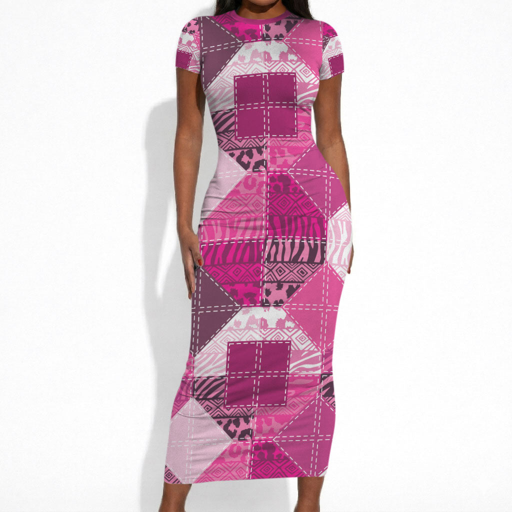 African American Quilt Inspired Short Sleeve Bodycon Dress Wild Animal Skin African Pink Tribal Elements