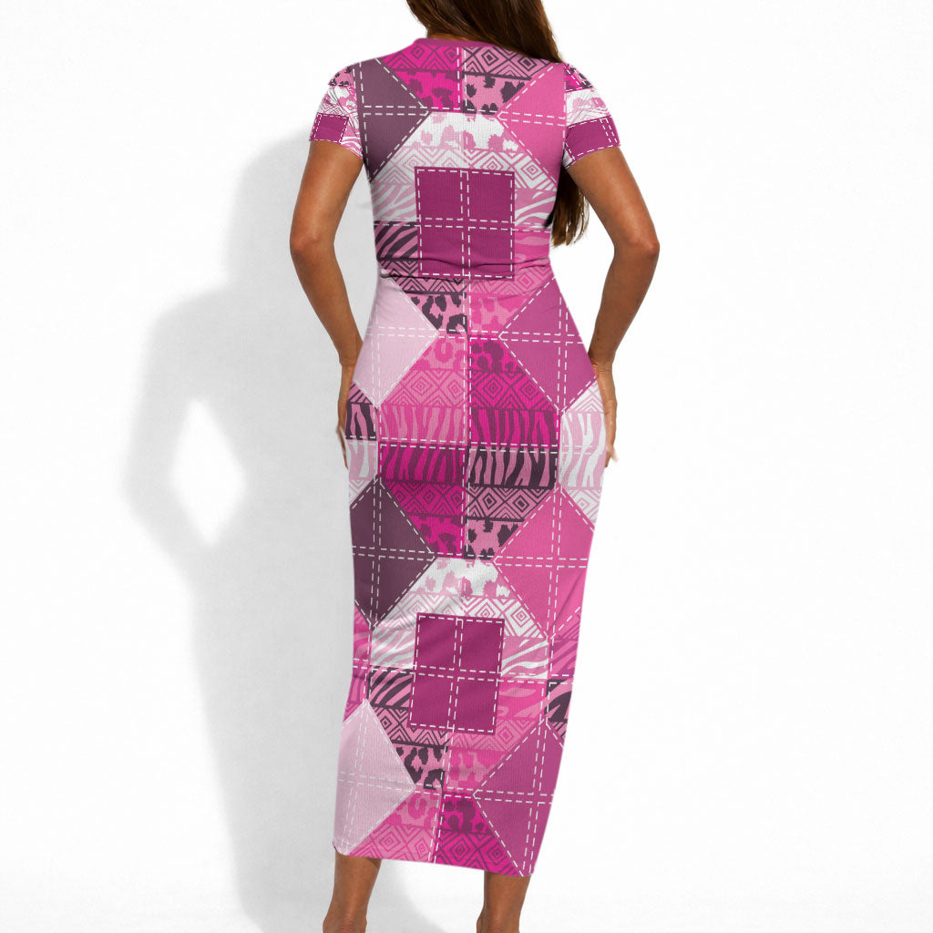 African American Quilt Inspired Short Sleeve Bodycon Dress Wild Animal Skin African Pink Tribal Elements