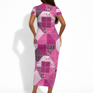 African American Quilt Inspired Short Sleeve Bodycon Dress Wild Animal Skin African Pink Tribal Elements