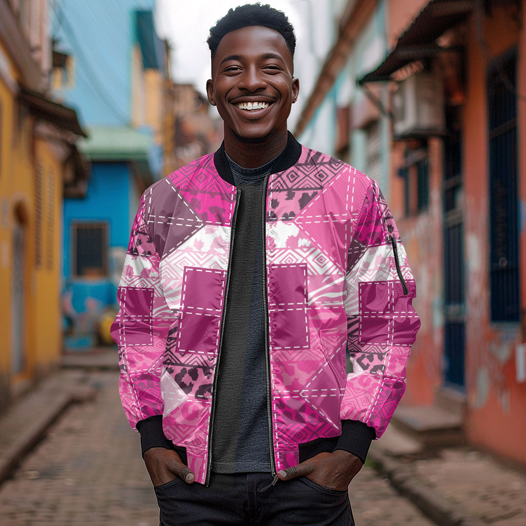 African American Quilt Inspired Sleeve Zip Bomber Jacket Wild Animal Skin African Pink Tribal Elements