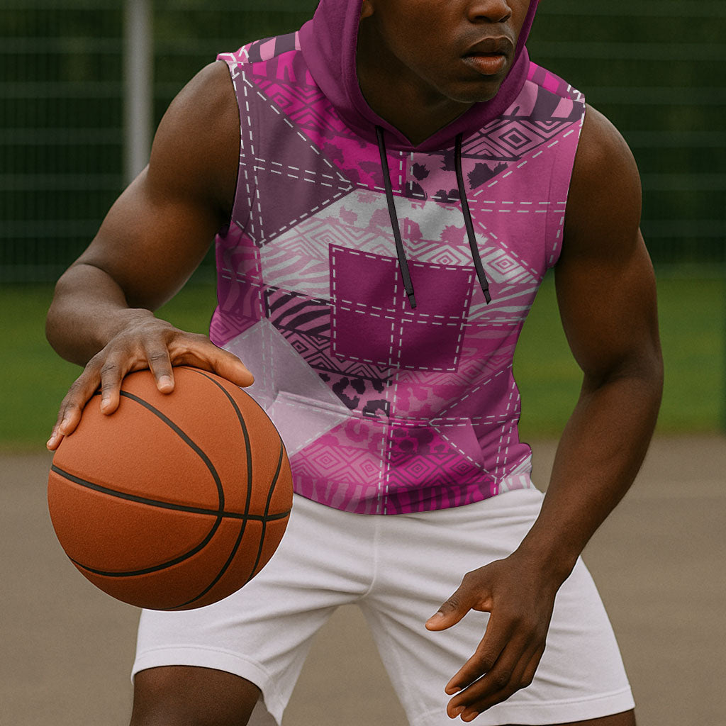 African American Quilt Inspired Sleeveless Hoodie Wild Animal Skin African Pink Tribal Elements
