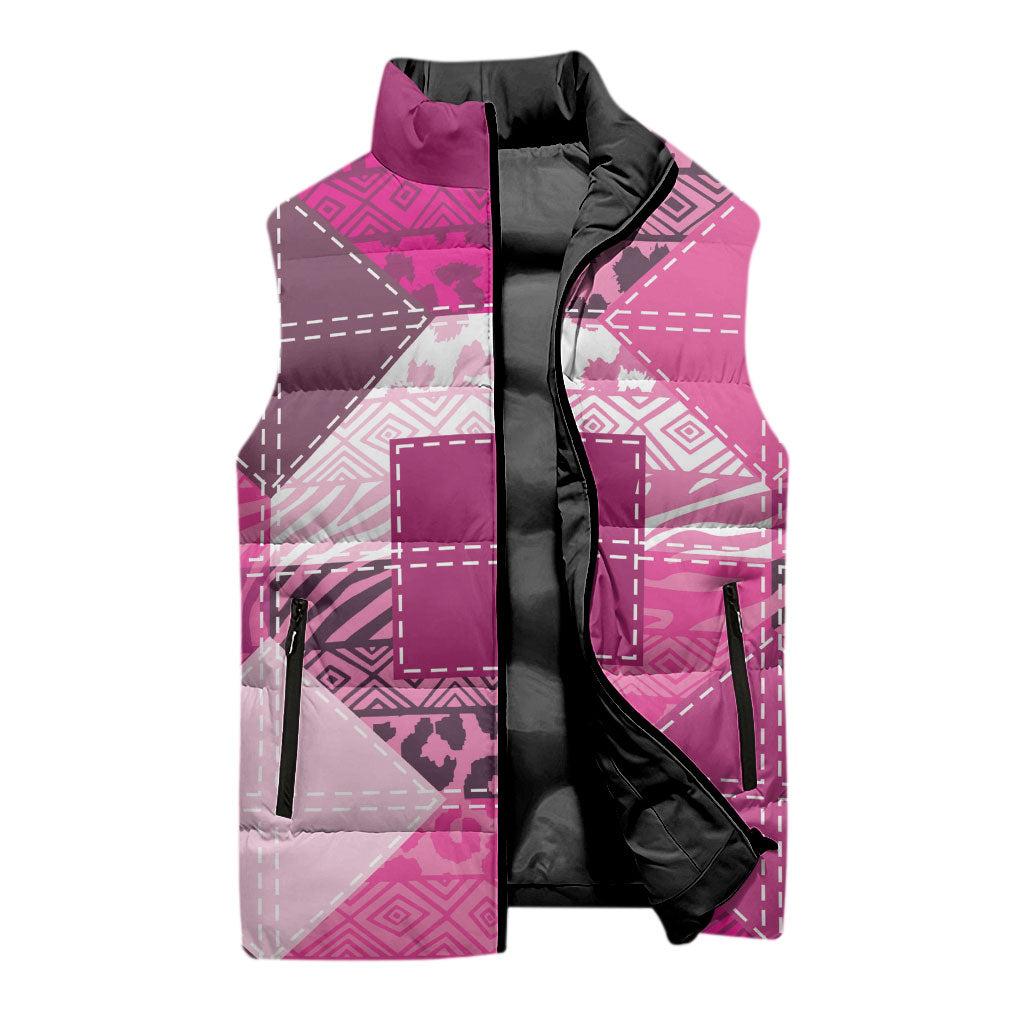 African American Quilt Inspired Sleeveless Puffer Jacket Wild Animal Skin African Pink Tribal Elements