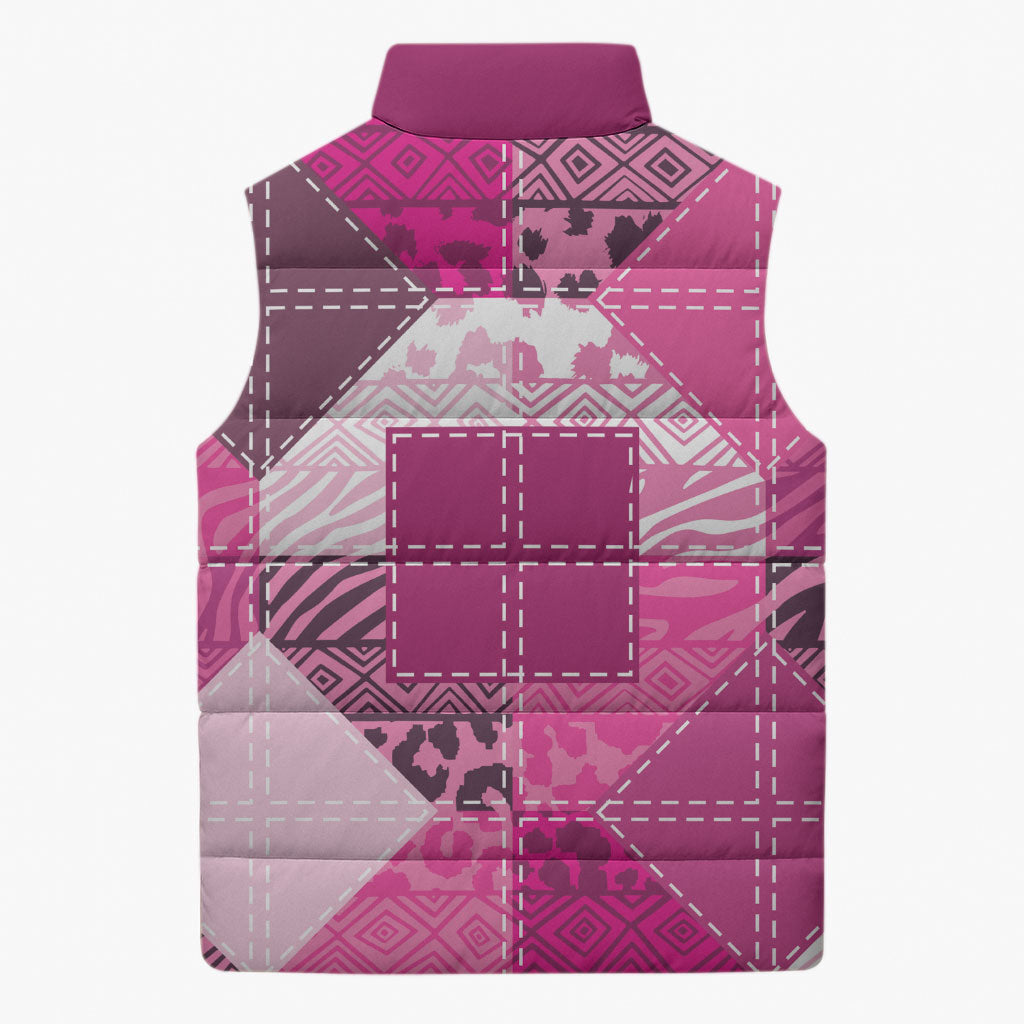 African American Quilt Inspired Sleeveless Puffer Jacket Wild Animal Skin African Pink Tribal Elements