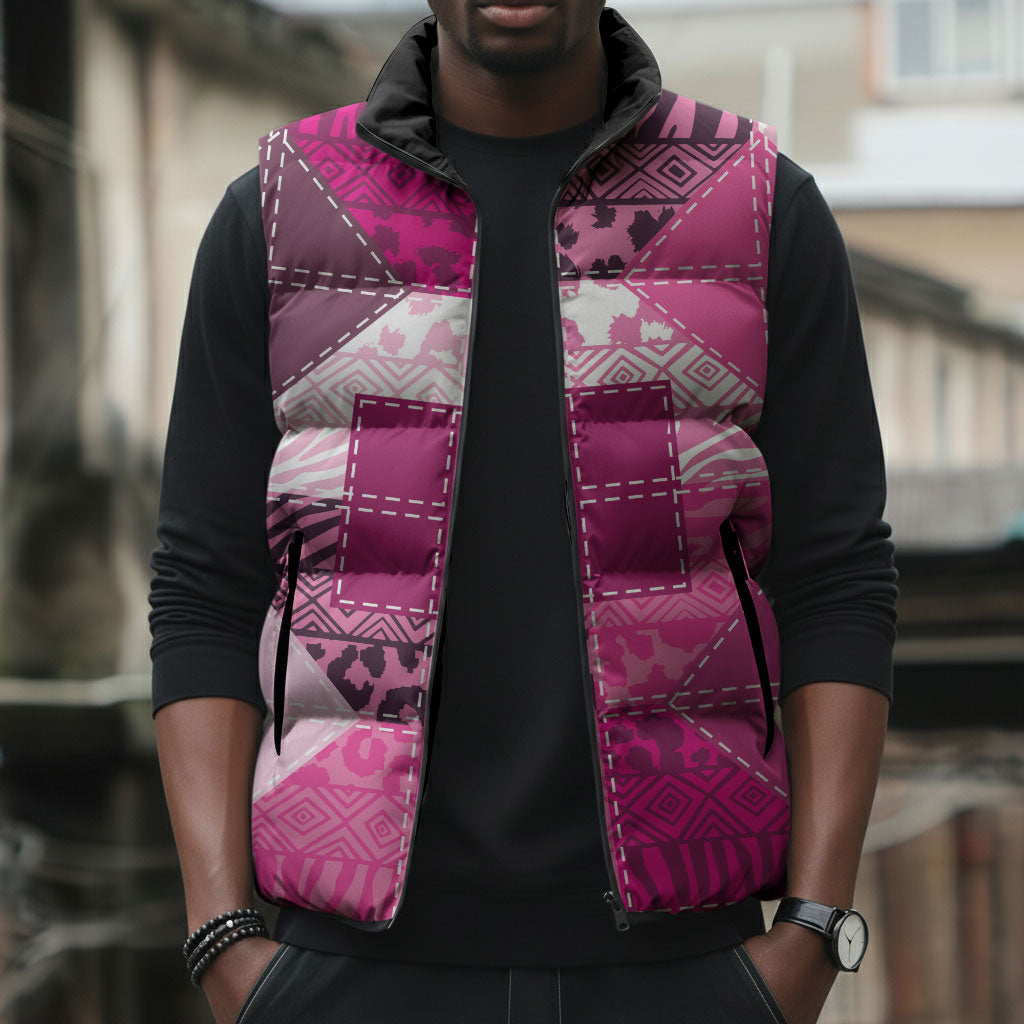 African American Quilt Inspired Sleeveless Puffer Jacket Wild Animal Skin African Pink Tribal Elements