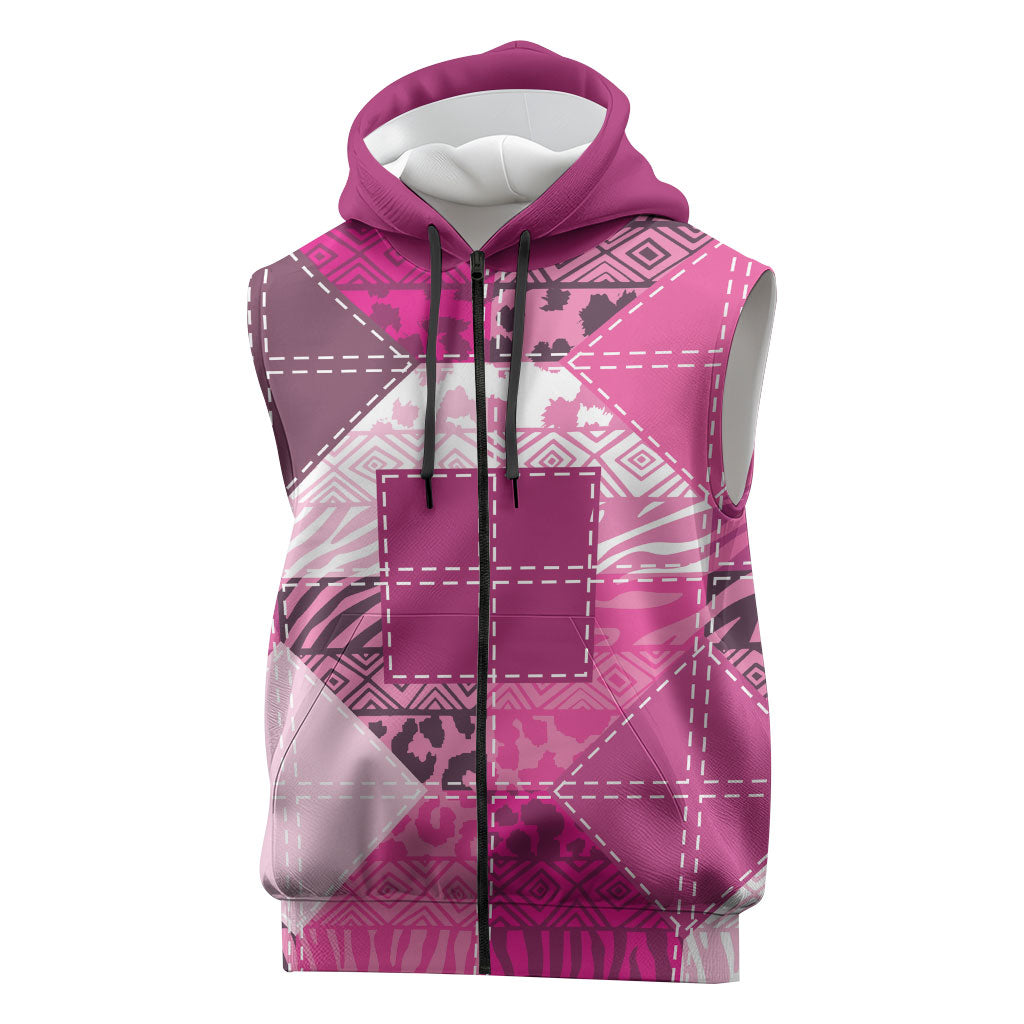 African American Quilt Inspired Sleeveless Zip Hoodie Wild Animal Skin African Pink Tribal Elements