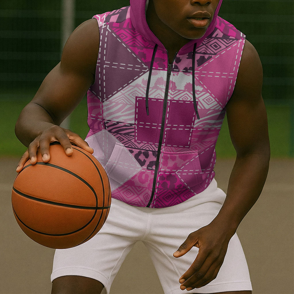 African American Quilt Inspired Sleeveless Zip Hoodie Wild Animal Skin African Pink Tribal Elements