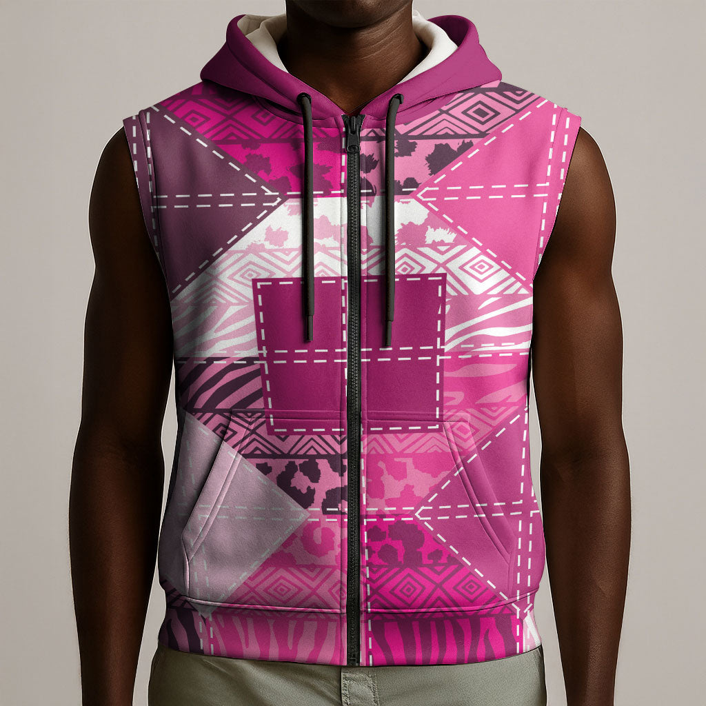 African American Quilt Inspired Sleeveless Zip Hoodie Wild Animal Skin African Pink Tribal Elements