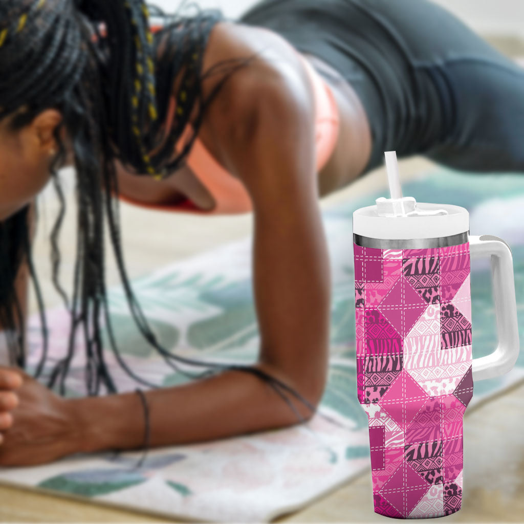 African American Quilt Inspired Tumbler With Handle Wild Animal Skin African Pink Tribal Elements