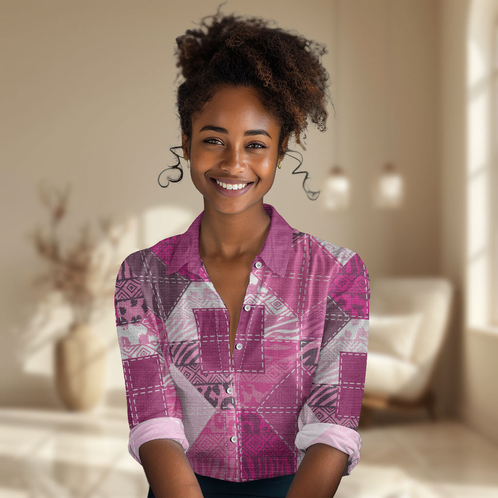 African American Quilt Inspired Women Casual Shirt Wild Animal Skin African Pink Tribal Elements
