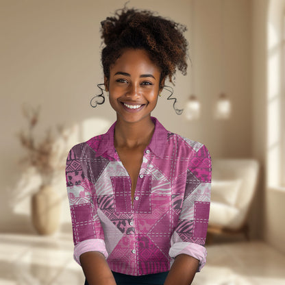 African American Quilt Inspired Women Casual Shirt Wild Animal Skin African Pink Tribal Elements