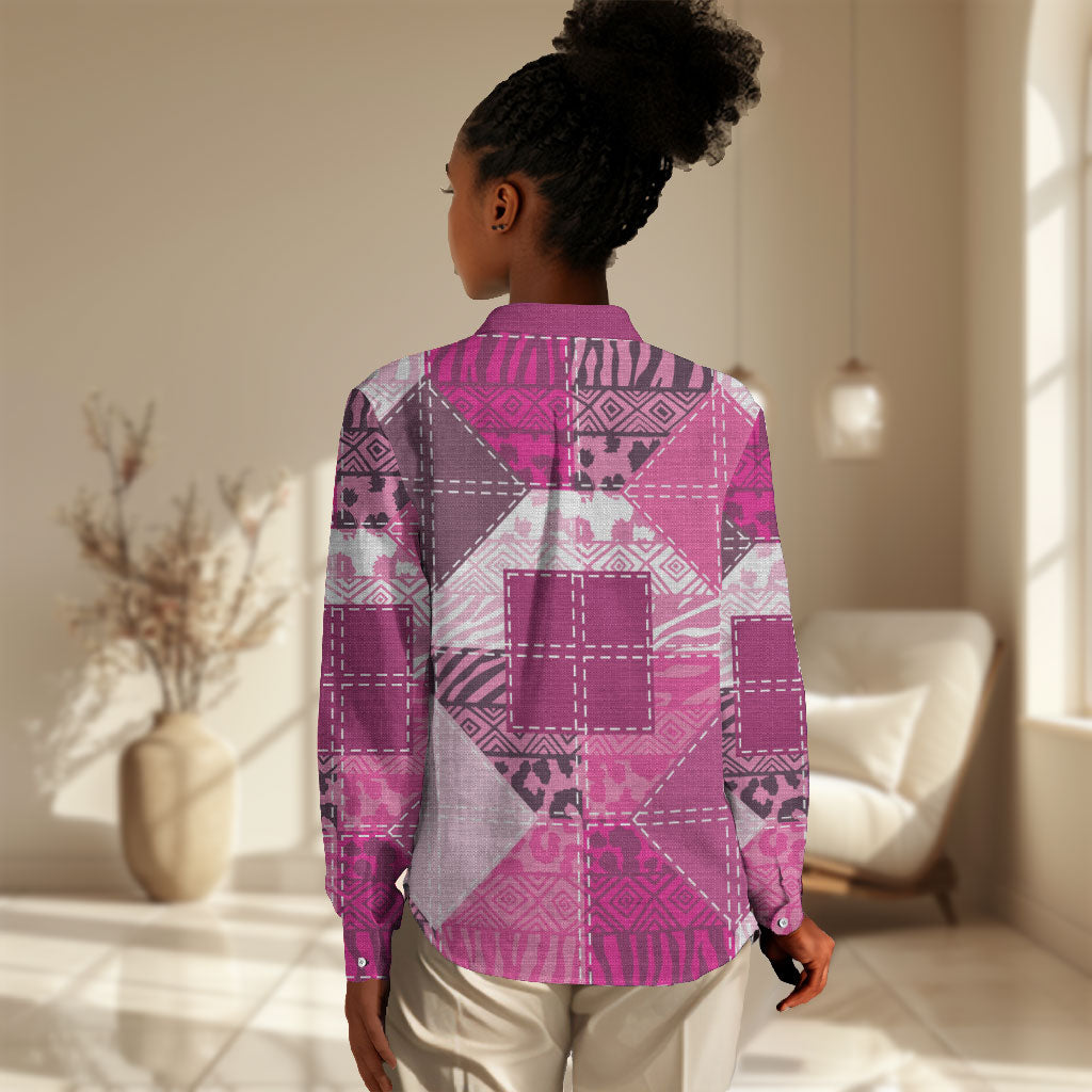 African American Quilt Inspired Women Casual Shirt Wild Animal Skin African Pink Tribal Elements