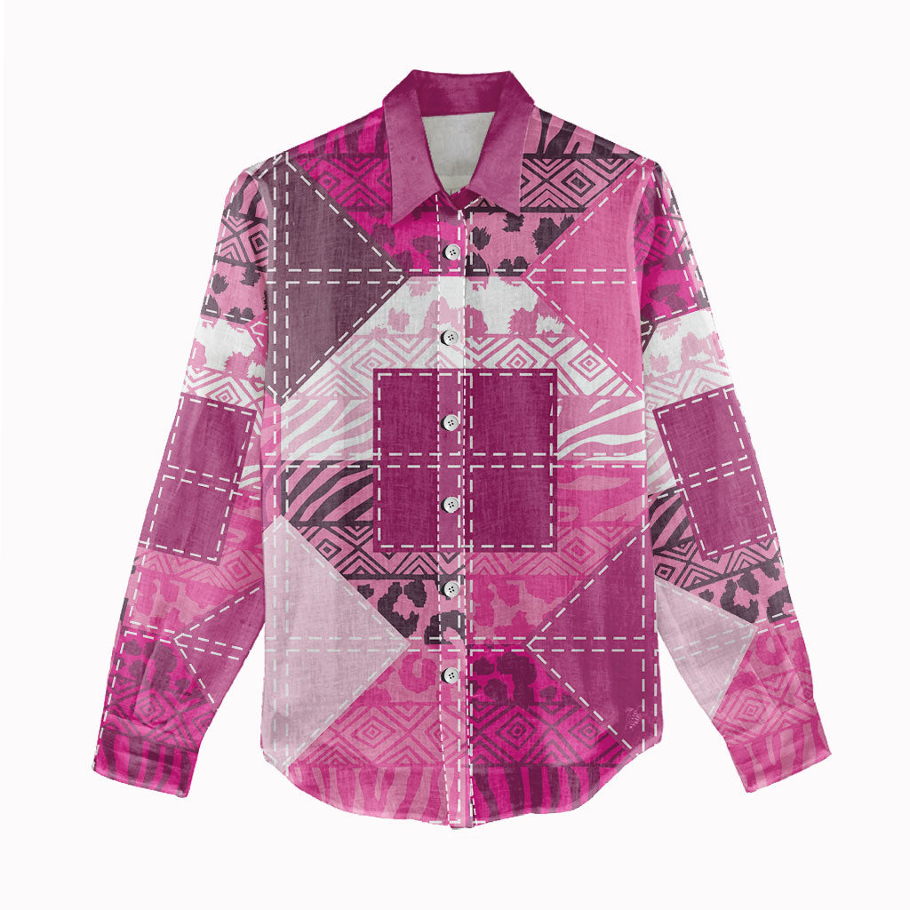 African American Quilt Inspired Women Casual Shirt Wild Animal Skin African Pink Tribal Elements