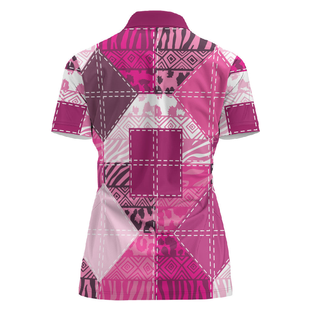 African American Quilt Inspired Women Polo Shirt Wild Animal Skin African Pink Tribal Elements