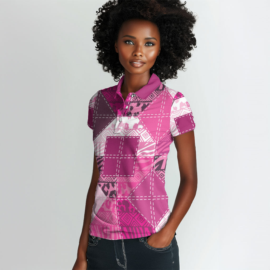 African American Quilt Inspired Women Polo Shirt Wild Animal Skin African Pink Tribal Elements