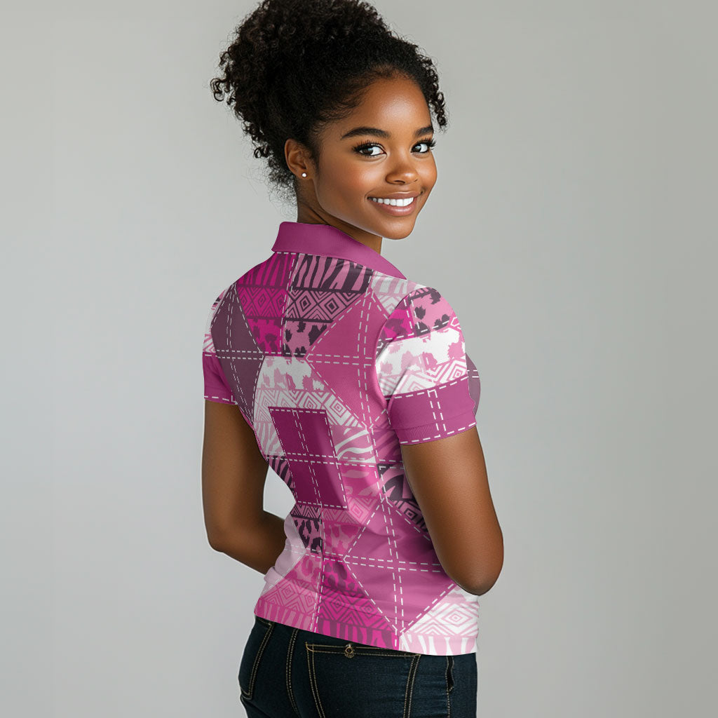 African American Quilt Inspired Women Polo Shirt Wild Animal Skin African Pink Tribal Elements