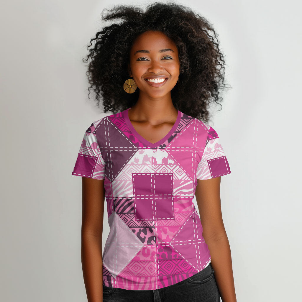 African American Quilt Inspired Women V-Neck T-Shirt Wild Animal Skin African Pink Tribal Elements