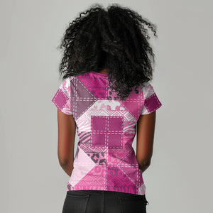 African American Quilt Inspired Women V-Neck T-Shirt Wild Animal Skin African Pink Tribal Elements