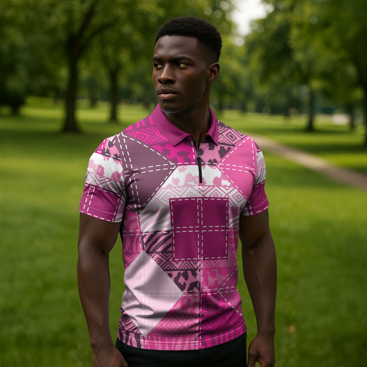 African American Quilt Inspired Zipper Polo Shirt Wild Animal Skin African Pink Tribal Elements