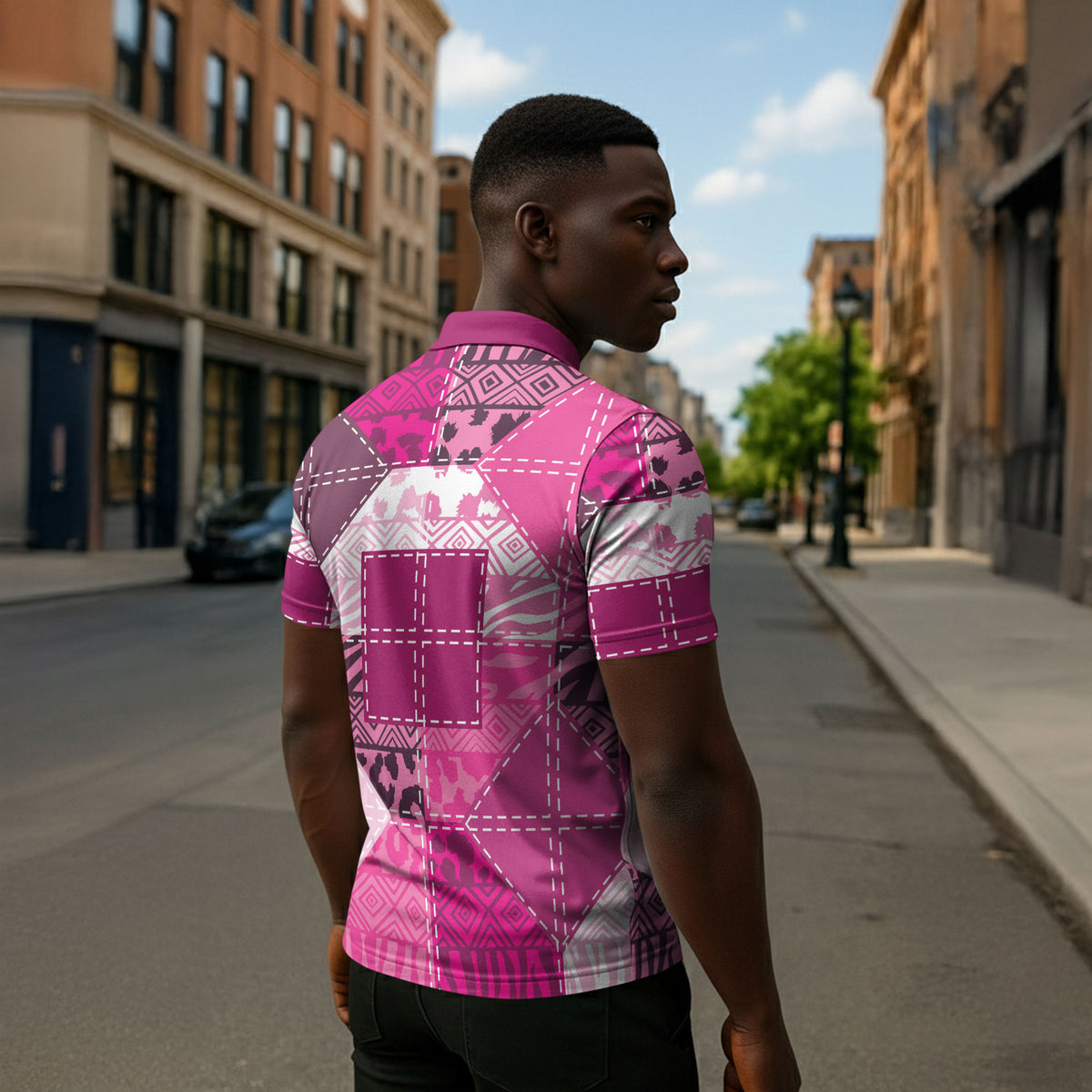 African American Quilt Inspired Zipper Polo Shirt Wild Animal Skin African Pink Tribal Elements