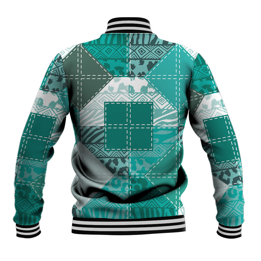 African American Quilt Inspired Baseball Jacket Wild Animal Skin African Turquoise Tribal Elements
