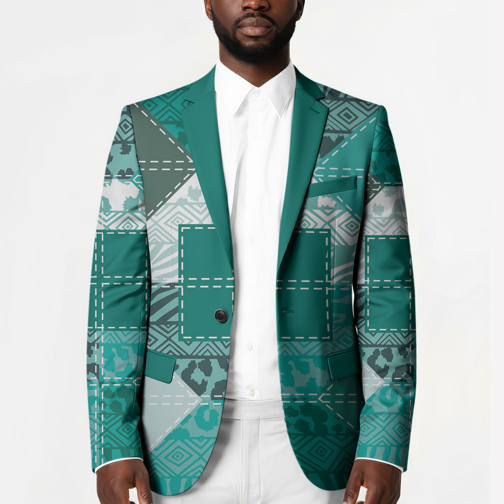 African American Quilt Inspired Blazer Wild Animal Skin African Turquoise Tribal Elements