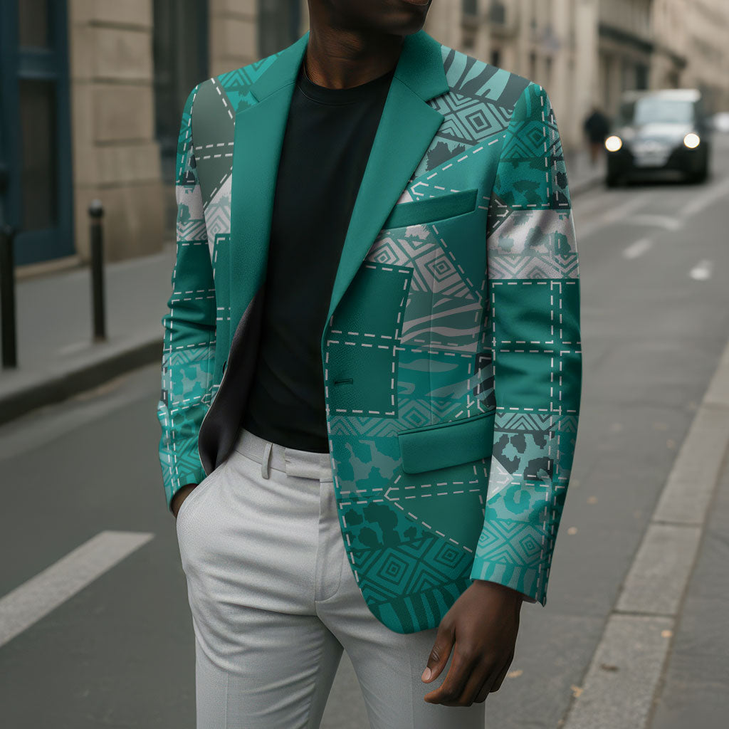 African American Quilt Inspired Blazer Wild Animal Skin African Turquoise Tribal Elements