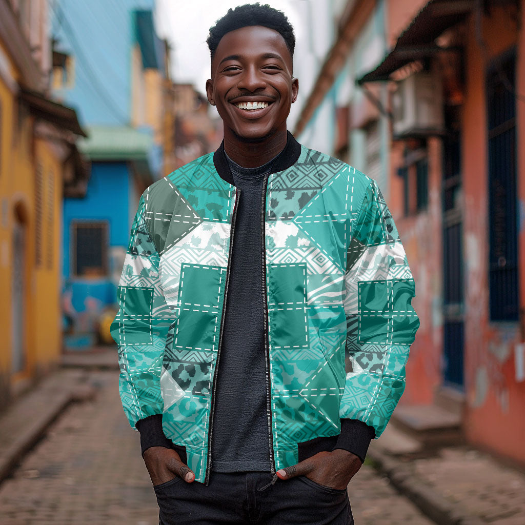 African American Quilt Inspired Bomber Jacket Wild Animal Skin African Turquoise Tribal Elements