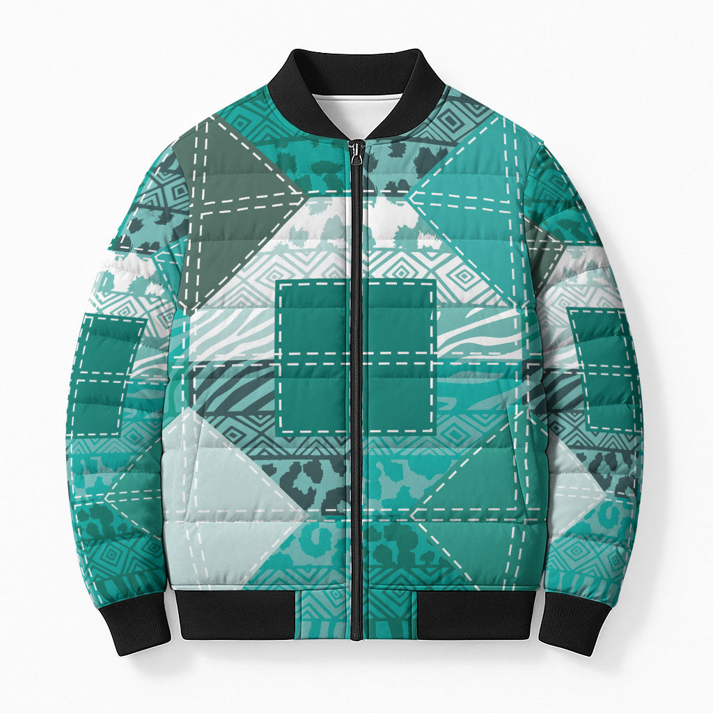 African American Quilt Inspired Bomber Puffer Jacket Wild Animal Skin African Turquoise Tribal Elements