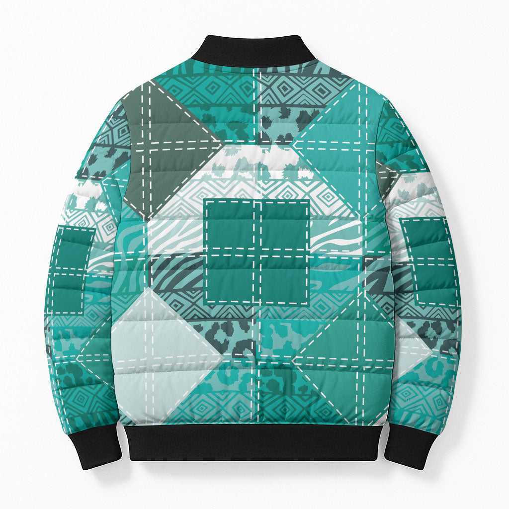 African American Quilt Inspired Bomber Puffer Jacket Wild Animal Skin African Turquoise Tribal Elements