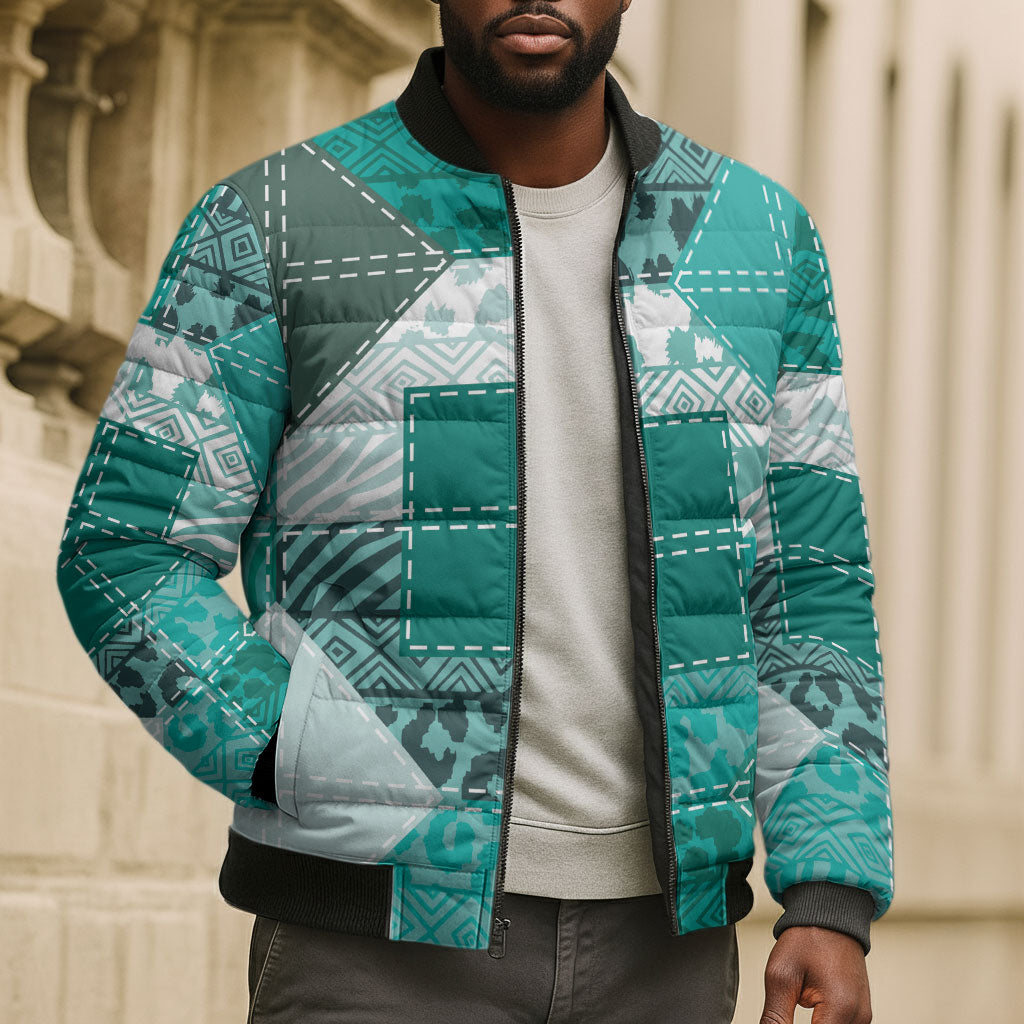 African American Quilt Inspired Bomber Puffer Jacket Wild Animal Skin African Turquoise Tribal Elements