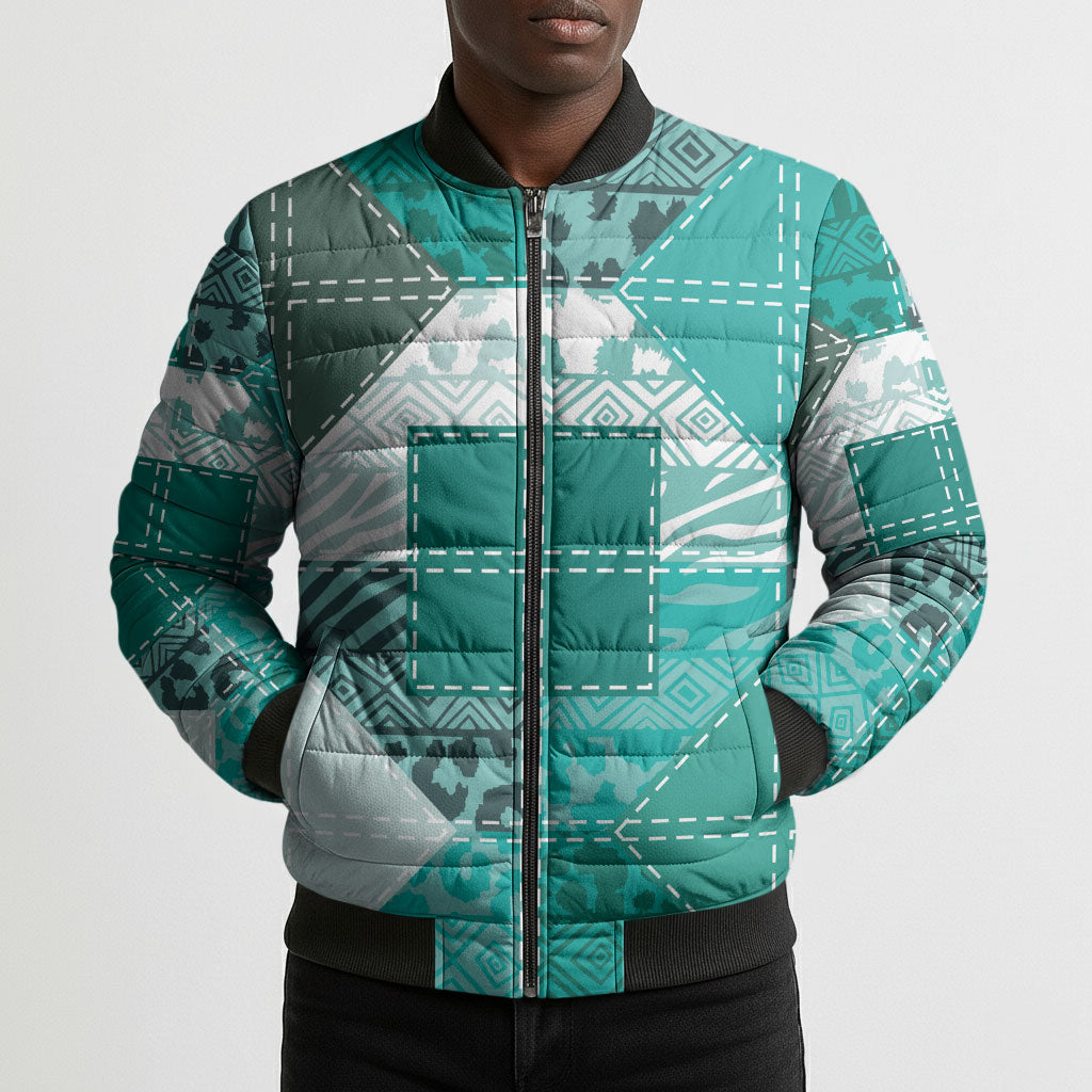 African American Quilt Inspired Bomber Puffer Jacket Wild Animal Skin African Turquoise Tribal Elements