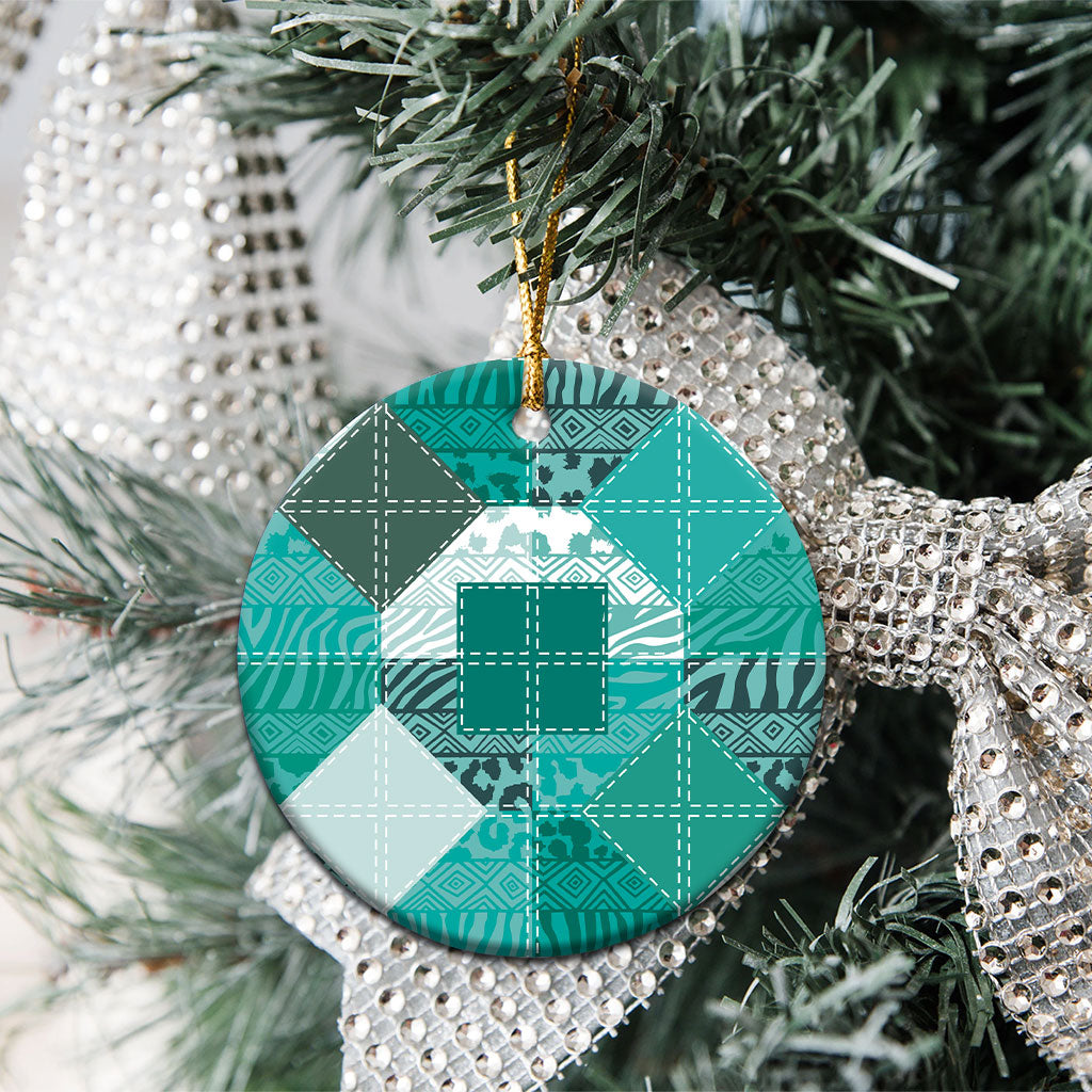 African American Quilt Inspired Ceramic Ornament Wild Animal Skin African Turquoise Tribal Elements