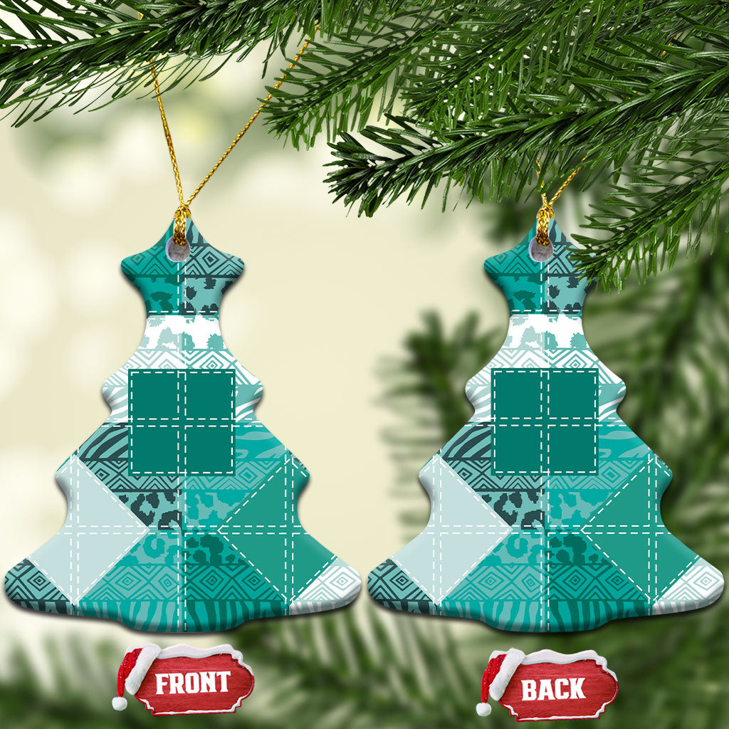 African American Quilt Inspired Ceramic Ornament Wild Animal Skin African Turquoise Tribal Elements