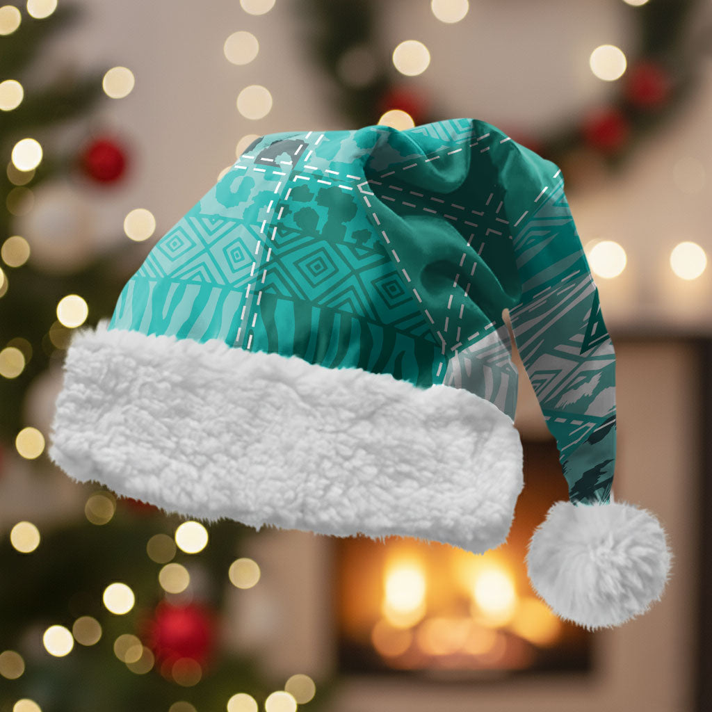 African American Quilt Inspired Christmas Santa Hat Wild Animal Skin African Turquoise Tribal Elements