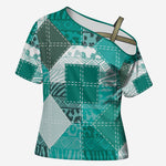 African American Quilt Inspired Cross Shoulder Shirt Wild Animal Skin African Turquoise Tribal Elements