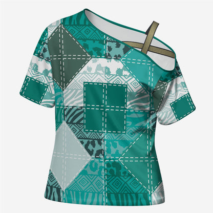 African American Quilt Inspired Cross Shoulder Shirt Wild Animal Skin African Turquoise Tribal Elements