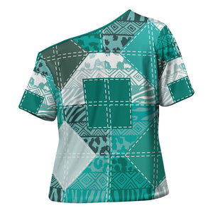 African American Quilt Inspired Cross Shoulder Shirt Wild Animal Skin African Turquoise Tribal Elements